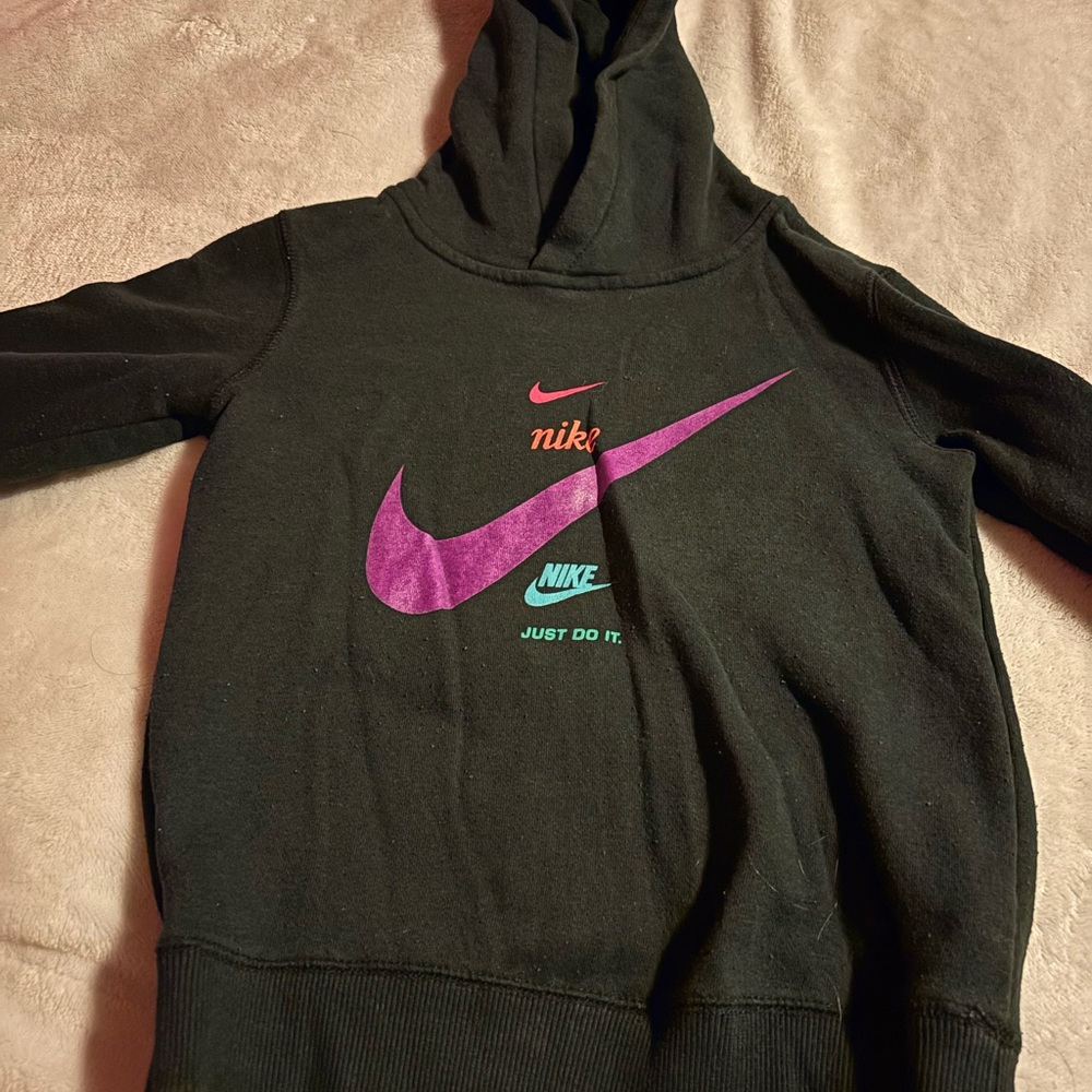 Nike girls Black Hoodie with Pink and Teal Accents in size 5